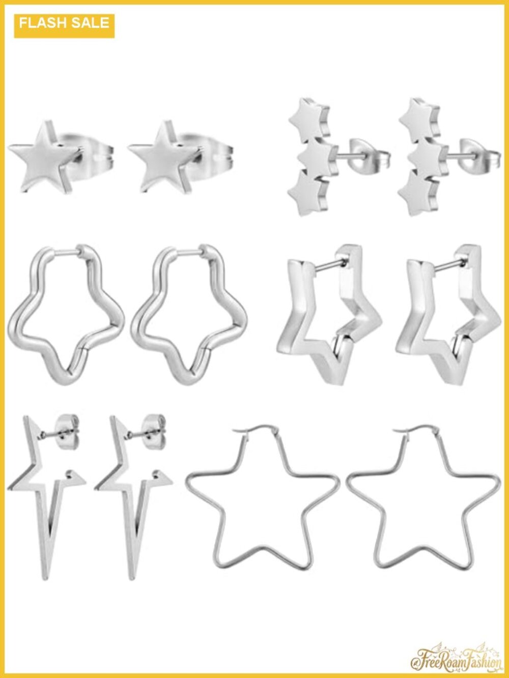 6 Pair Star Earrings for Women Hypoallergenic 18K Gold Plated Stainless Steel